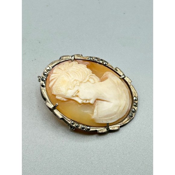 Silver 800 Genuine Carved Shell Cameo Brooch Pendant Vintage Facing Left Cameo - Picture 3 of 8